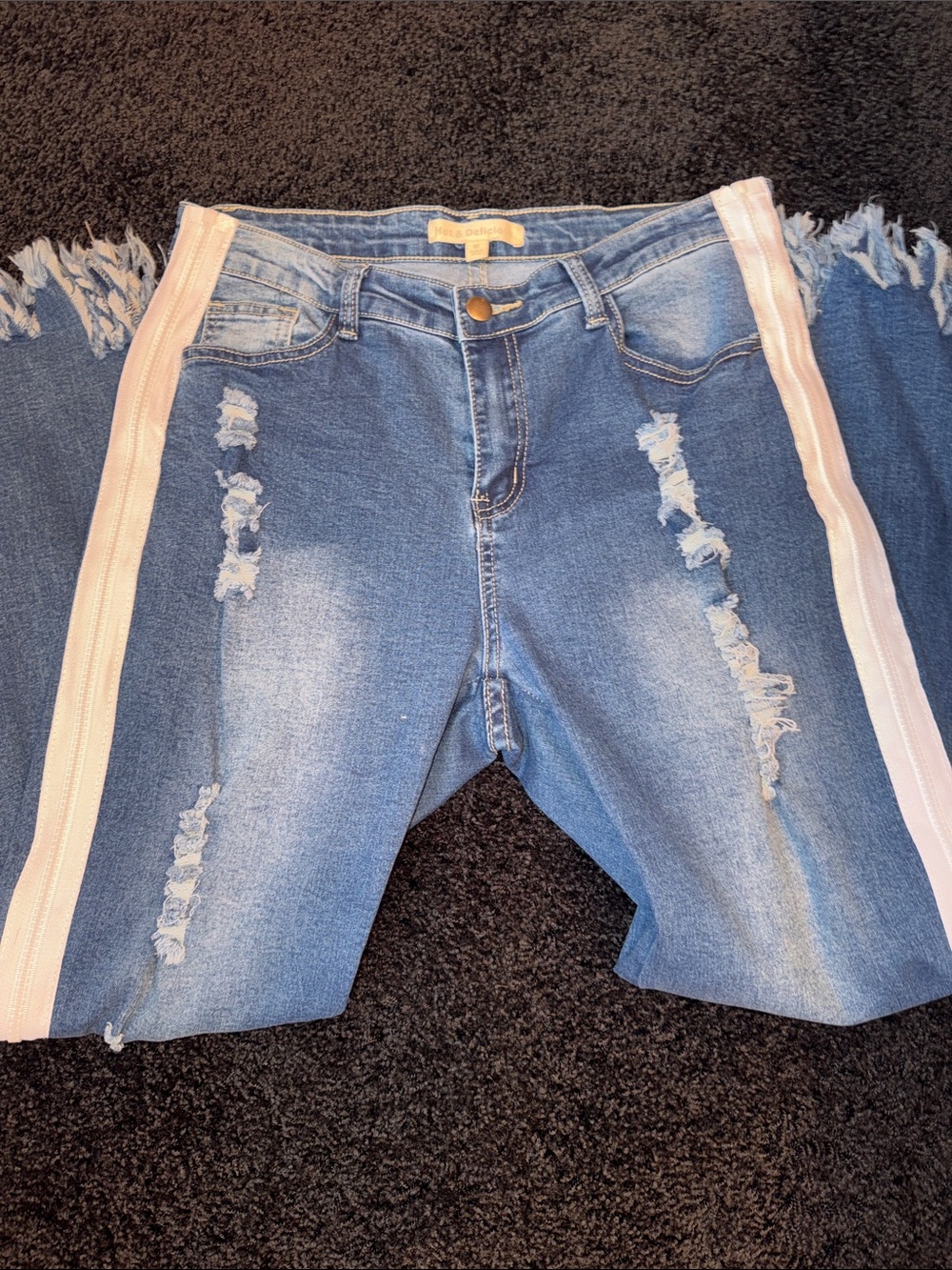 Hot & Delicious Light Blue Distressed Jeans with white zipper Side Stripe
